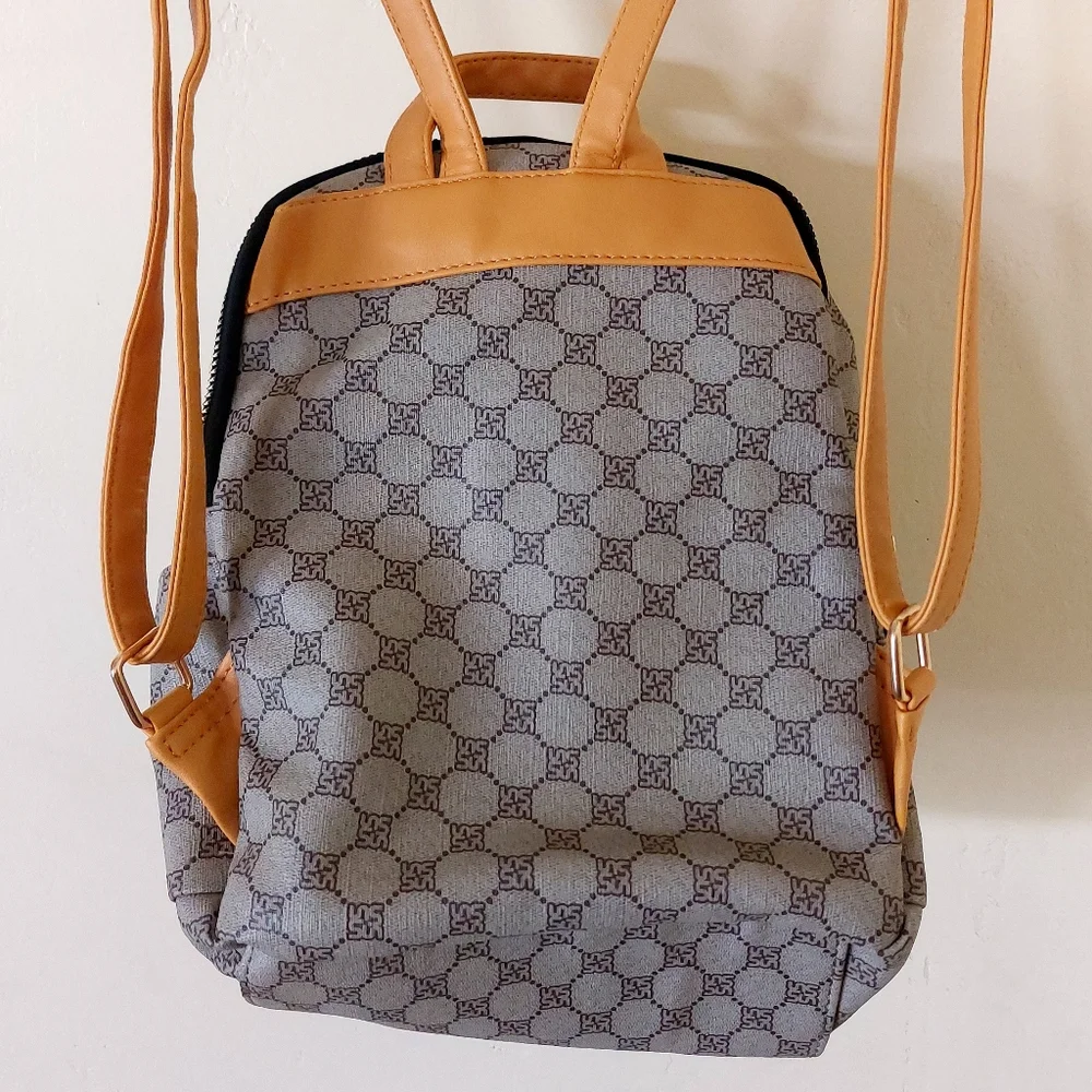 Yellow & Tan Small Faux Leather Vegan Friendly Fashion Backpack Purse w/ Print - Picture 7 of 12